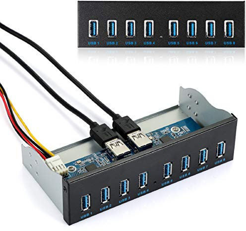 MZHOU USB 3.0 19PIN 8-Port Optisches Laufwerk Bay Panel,5.25 Zoll PC Frontplatte USB 3.0 19PIN Motherboard-Schnittstelle für Erweiterung USB 3.0 HUB Computer Frontplatte mit 15Pin SATA-Stromkabel.