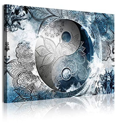 DekoArte 372 - Moderne Gemälde Digitalisierter künstlerischer Bilddruck | Dekorative Leinwand für Ihr Wohnzimmer oder Schlafzimmer | Yin Yang Stil Abstrakt Zen Farben Silber Blau | 1 Teil 120x80 cm