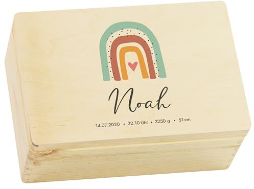 LAUBLUST Erinnerungsbox Baby Personalisiert - Geschenk zur Geburt mit Name | Größen S, M, L - Kinder Erinnerungskiste aus Holz für Mädchen & Jungen | Holzkiste - FSC® (Regenbogen Motiv)