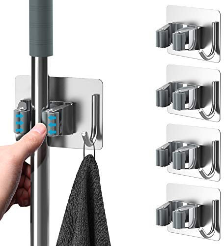 homeasy Besenhalterung Wand 4 Stück Besenhalter Selbstklebend Edelstahl Ohne Bohren Mop Halter Gerätehalter mit Haken für Küche Badezimmer Garten Balkon (Silber)