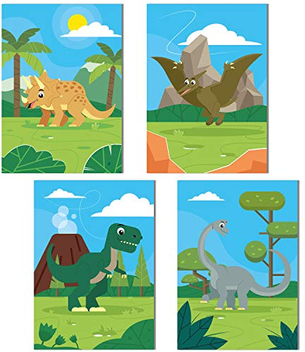 ChicResult 4er Set Dinosaurier Poster für Kinderzimmer Jungen oder Mädchen - Dino Bilder, Dino Poster (DIN A4 ohne Bilderrahmen)