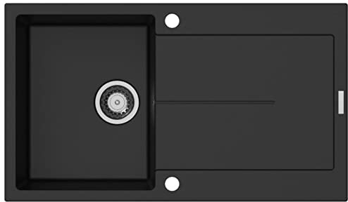 Einbauspüle Atlanta D-100 tiefschwarz (für Schrankbreiten ab 500 mm) Einzelbecken mit Abtropffläche aus Quarz-Komposit inkl. Siphon mit Raumschaffer Granitspüle von Sotech