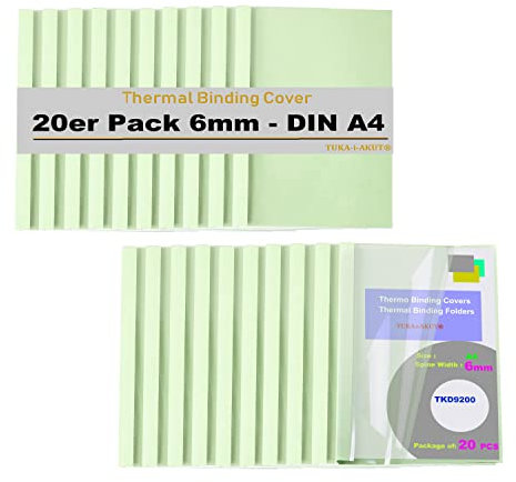 TUKA-i-AKUT [ 20x A4 6mm ] Thermobindemappen A4, Rückenbreite 6 mm, 20 Stück Thermo-Bindemappe für Thermo-Bindemaschinen, Bindergeräte, Binderücken | 20er Pack in Hellgrün, TKD9200 Lightgreen A4-20x