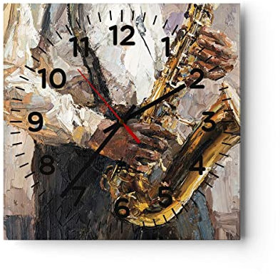 Modern Wanduhr Saxophon Öl Musiker 40x40cm Quadrat Groß Wand Uhr Glas Analog Zimmeruhren Küche Büro Wohnzimmer Glasuhr Wall Clock Dekoration Design Wanddekoration Küchenuhr C4AC40x40-4808