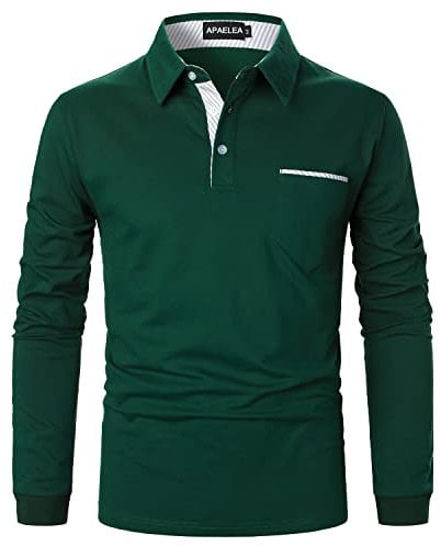 APAELEA Men's Long Sleeve Polo Shirt Casual Rugby Shirts with Plaid Down Collar,Green,XXL