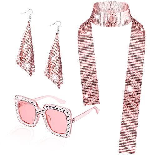 3 Pièces d'Accessoires de Disco Costume de Disco des Années 1970 Disco Ensemble de Bijoux Pour Femmes 70s Fringes Collier Boucles d’oreilles Lunettes de Soleil Carrées en Strass Fête d'anniversaire