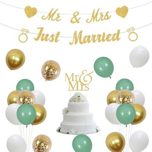 Kreatwow Sage Green Just Married Wedding Decorations Party Gold Engagement Decorations Just Married Wedding Banner Sage Green Balloons Mr and Mrs Cake Topper
