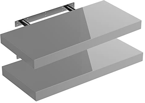 CASARIA® Set of 2 50cmx23cm High Gloss Grey Floating Shelf Including Bracket | Wall Shelving Living Room Kitchen Bedroom Office | 38mm Thick | Hidden Wall Fixing | 15kg Capacity MDF