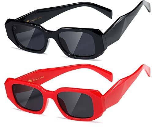 kimorn Rectangle Trendy Sunglasses for Women Men Trendy Retro Trendy Sun Glasses 90’s Vintage Square Frame (Black+red Frame Grey Lens)
