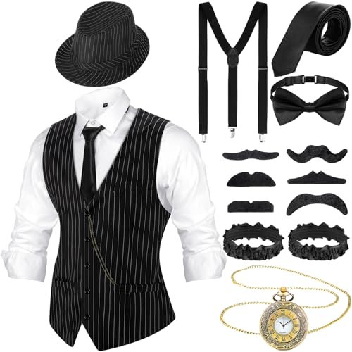 Blulu 1920er Jahre Herren Accessoires mit Weste Fedora Hut Taschenuhr Hosenträger Krawatte (Stilvoll Schwarz Weiß Streifen, L)