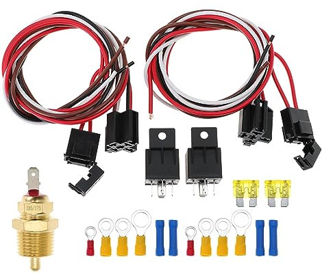 40 AMP Dual Electric Fan Relay Kit,4 Pin Dual Electric Fan Wiring Kit Radiator Electric Fan Thermostat Kit with Thermostat Radiator Fan Temperature Sensor Switch 185 On 175 Off