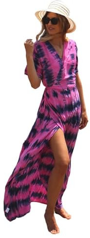 Trillion London Fuchia & Blue Tie Dye Wrap Kaftan | For Women | Beachwear, Coverup Dress | Suited for Summer | Rayon | Soft & Breathable Fabric | Caftans | Holidays Loungewear | Fits UK Size 6 to 14