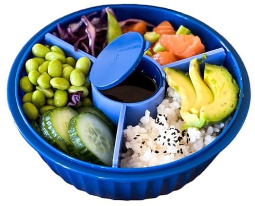 Yumbox Ensaladera, cuenco estilo Poke a prueba de fugas con tapa, divisor extraíble de 3 secciones, volumen de 4.2 tazas, cierres triples fáciles de abrir; taza de inmersión extra, cuenco para