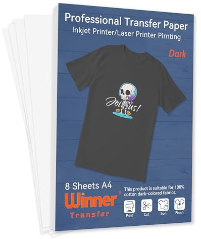 WinnerTransfer Professional Heat Transfer Paper Dark Color A4 8 Sheets Cotton t-Shirt Printing Iron-on Transfer Paper for Inkjet and Laser Printers(WT-H-D-8)
