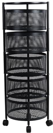 ohfruit Chariot de rangement de cuisine rotatif à 360° 5 niveaux Panier rotatif circulaire avec rouleau verrouillable pour fruits et légumes Étagère métallique f Noir