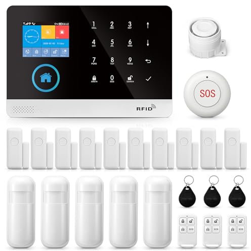 WiFi GSM Système d'alarme de sécurité Domestique sans Fil Kit de 24 pièces avec sirène, capteurs de Mouvement PIR et télécommandes, capteurs de fenêtre/Porte (Tuya et Smart Life APP)