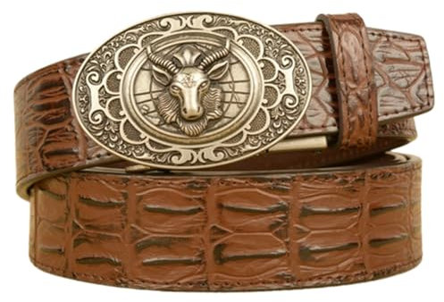 NALANY Herren Gürtel Ratsche Automatik Ledergürtel Mit Vintage-Gürtelschnalle Western Schaf Steinbock Silber Automatikschließe Für Business Anzug,35mm Breit(115cm/45, Brown)
