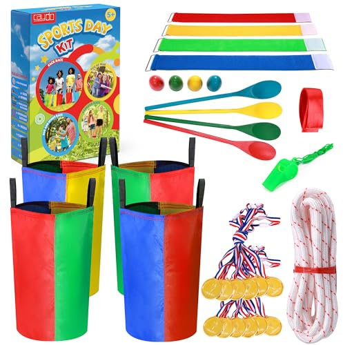 Caydo Juego de el día Deportivo 5in1 Set de Juegos al Aire Libre para Niños y Adultos - Carreras de Sacos, Cucharas con Huevo, Carreras de Tres Piernas, Cuerda de Juego y Medallas