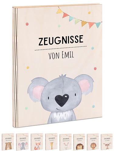 wunderwunsch® - Personalisierte Zeugnismappe aus Holz mit hochwertigem Spezial-Druck - Einschulung Geschenk - Zeugnismappe Jungen & Zeugnismappe Mädchen (Koala Girlande)
