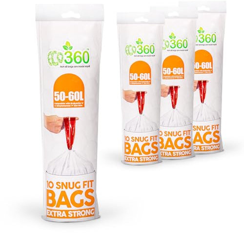 EcoBag - 40 Pack White Kitchen Drawstring Bin Liner - 50-60L - 28 Microns - Heavy Duty, Extra Strong, Brabantia Compatible, Eco-Friendly, Tear Resistant, Clear Recycling Bags (620 x 810mm)
