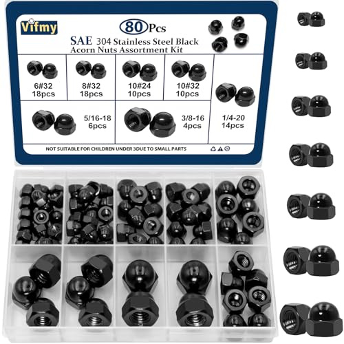Kit surtido de tuercas ciegas Vifmy SAE de acero inoxidable negro (80 piezas): 6#32, 8#32, 10#24, 10#32, 1/4-20, 5/16-18, 3/8-16, UNC, con tapas ciegas negras.