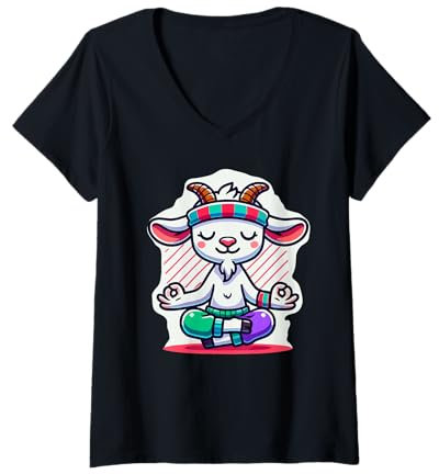 Damen Ziege Yoga Spielzeug Ziege Stofftier Plüsch Ziege Yoga Party Spiel T-Shirt mit V-Ausschnitt