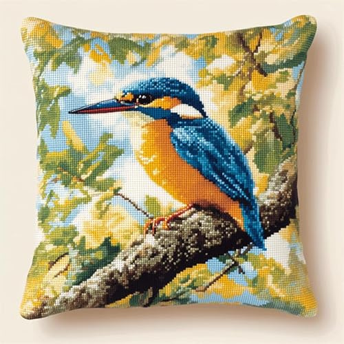 Walluminati Kreuzstich-Kissen-Set, Eisvogel auf einem Ast, 11-fädig, Kreuzstich-Kissenbezug, Stickset, Kissenbezüge, handgefertigter Kissenbezug, Heimdekoration, Sofa-Dekoration, 45,7 x 45,7 cm