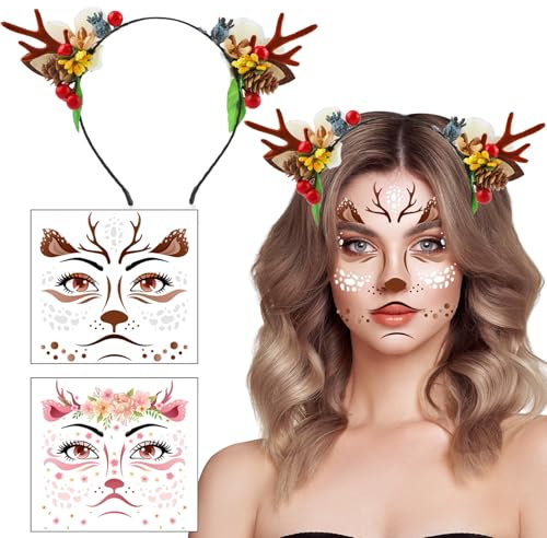 HOWAF 1 Rentier Haarreif & 4 Gesichtstattoo Rentier Face Tattoo REH, REH Geweih Haarreif, Hirschgeweih Haarreif REH, Haarreif Weihnachten für Weihnachten REH Kostüm, Karneval Fasching Kostüm (B)