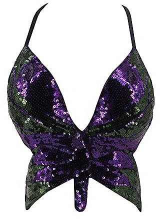 Generisch 2025 – Gilet da ballo con paillettes top fasciatura serbatoio a grano addominale donna reggiseno costume lucido Hawaii Top da donna, lilla e verde., Taglia unica