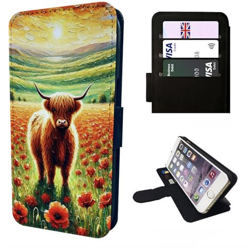 Highland Cow Wallet Phone Case Flip Cover Compatible with iPhone SE 7 8 X XR 11 12 13 14 15 16 16E Plus Mini Pro Max – Faux Leather Scottish Highland Cow Print, Rustic Farm Animal Gift, Poppy Cow Case