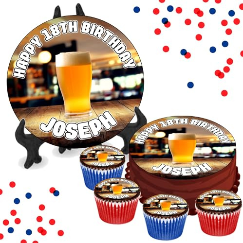 Pint of Beer PERSONALISED Edible Cupcake Toppers / 8 Inch Cake Wafer or Icing - Adults Birthday Alcohol Drinking Party Decorations - Perfect for Brownies, Cookies, Muffins & More!
