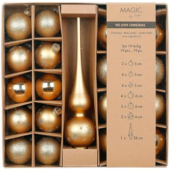 Weihnachtskugeln Glas 5-6cm mit Spitze 19er Set - Glitzer Motiv - Christbaumkugeln Weihnachtsbaumkugeln und Christbaumspitze - Christbaumschmuck & Weihnachtsbaumschmuck - Brokatgold