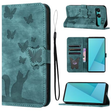 LSPCASA Handyhülle für Sony Xperia 10 VII 6.1 Zoll Premium PU Leder für Sony Xperia 10 VII Hülle mit Kartenfächer Klappbar Flip Case Standfunktion Schutzhülle Schmetterlingskatze Grün