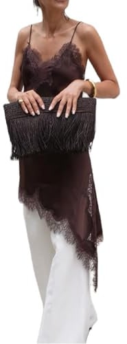 Yassiglia Y2k Débardeur spaghetti sexy en satin pour femme - Dentelle patchwork - Top long - Ourlet irrégulier - Camisole sans manches - Haut en dentelle, café, M