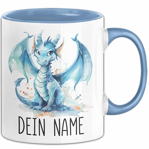 Drache Tasse mit Namen – Personalisierte Tasse Geburtstag Geschenkidee süßes Drachemotiv Namenstasse (Blau)