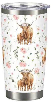Rolcheleego Highland Cow Gifts for Women - 20oz Insulated Tumbler with Lid, Cute Watercolor Highland Cow Mother & Baby Design, Floral Cow Print Travel Mug, Unique Birthday Gifts for Mum