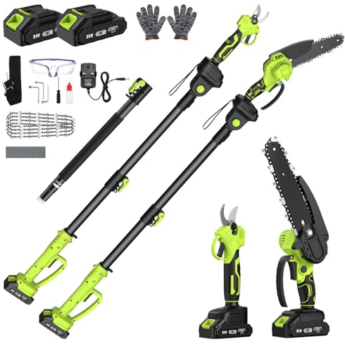 Cordless Pole Pruning Shears & Chain Saw Set, 6.4Ft Extension Pole 2 * 4.0 mAh Battery Rechargeable 550WMotor Handheld Chain Saw Trimmer for High & Low Tree Branch Cutting Trimming Pruning