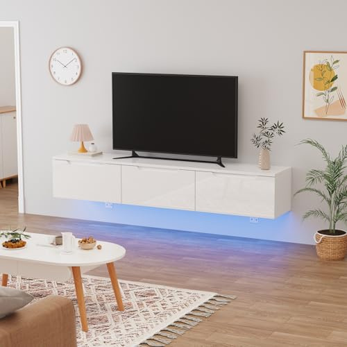Rainbow Tree 140cm Floating TV Cabinet With RGB LED Lights for TV UP to 65inch, Modern High Gloss Wall Mounted TV Stand Unit with 3 Doors, TV Cabinet for Living Room Bedroom White