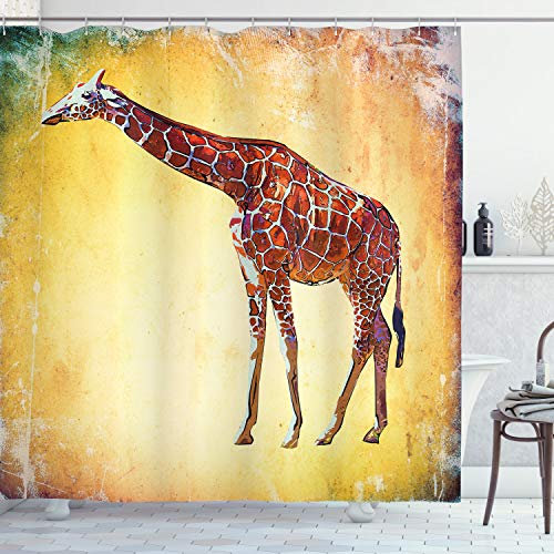 ABAKUHAUS Giraffe Duschvorhang, Vintage Scenic, Stoffliches Gewebe Badezimmerdekorationsset mit Haken, 175 x 220 cm, Senf Mehrfarbig