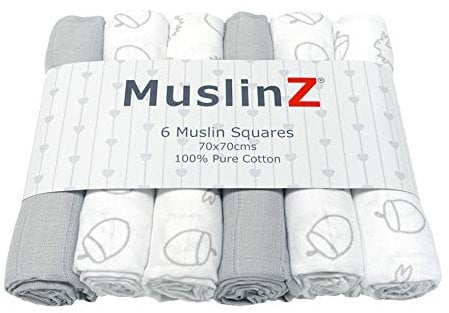 MuslinZ- 6 pack Muslin Squares Baby Burp Cloths 70x70cms Perfect for Newborns, multi-use, Oeko-Tex standard 100, UK brand. (Woodland, 6 Pack)