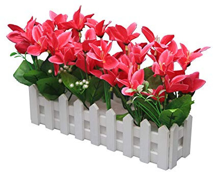 Flikool Künstliche Blumen mit Holzzaun Gefälschte Orchideen Seidenblume Dekorativ Blumengestecke Lilien Kunstblumen im Topf Kunstpflanzen Bonsai Künstliche Pflanze für Balkon Zuhause Deko - Rose