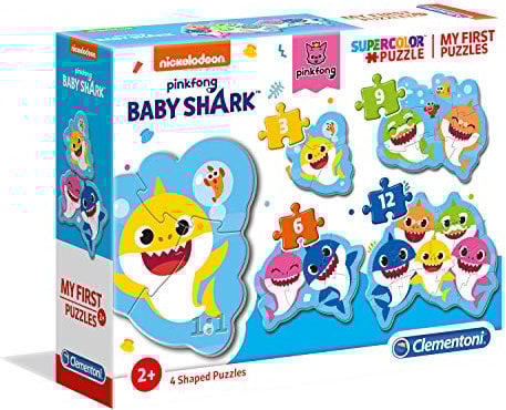 Clementoni 20828 Supercolor Baby Shark – Puzzle 3 + 6 + 9 + 12 Teile ab 2 Jahren, buntes Kinderpuzzle mit besonderer Leuchtkraft & Farbintensität, Geschicklichkeitsspiel für Kinder
