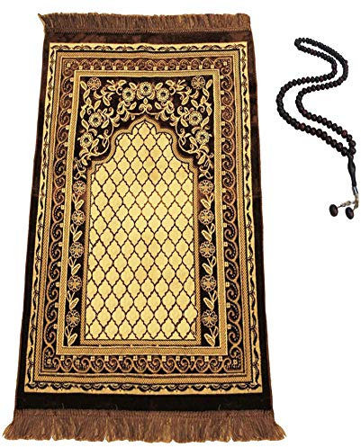 Muslim Gebetsteppich – Islamische türkische Gebetsteppiche tolles Ramadan-Geschenk Gebetsmatte für Frauen Männer Islam Teppich tragbare muslimische Matten Perlen Geschenk Gebetsperlen 99 braun
