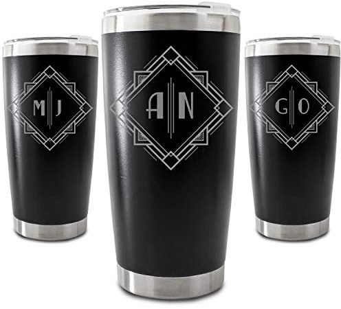 Personalised Engraved 500ml Black Travel Cup with Deco Initials Design, Personalise with Any Initials or Letters