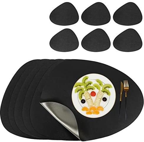 Olrla Leder Tischsets und Untersetzer, Tischsets Abwaschbar 6er Set Doppelseitigen rutschfest Platzdeckchen Leder Kunstleder Tischset Lederoptik Platzset (Schwarz)