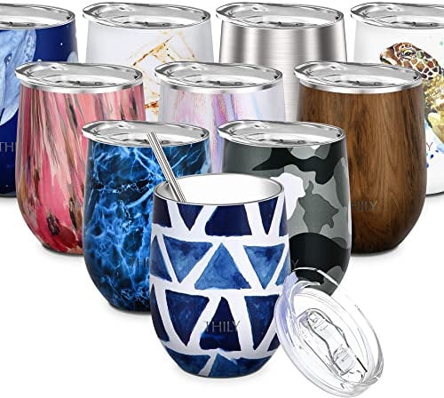 THILY Vacuum Insulated Stemless Wine Tumbler 350 ml Stainless Steel Travel Wine Glass Cup for Wine, Coffee, Cocktails, with Lid, Reusable Straw, Blue Triangle