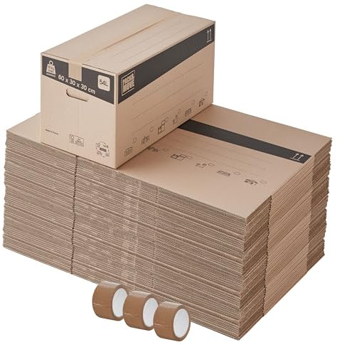 Pack and Move – Set mit 60 Standard-Umzugs-Aufbewahrungsboxen – 60 x 30 x 30 cm – verstärkte Griffe – gratis Kleber