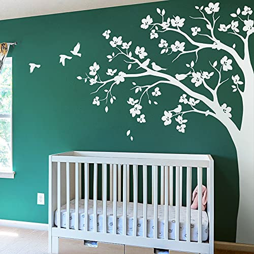 Große Ecke Baum Wandaufkleber Wandtattoo mit großen Blüten, Vögel und Blätter Kinderzimmer Wandkunst Aufkleber Wandbild 087 (Äste nach links, Alles in Weiß)