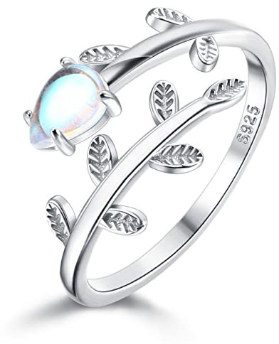 Morfetto 925 Sterling Silber Blattringe Weißer Opal Mondstein Ringe Verstellbare Offene Daumenringe für Frauen Blatt Ringe Mit Schmuckschatulle
