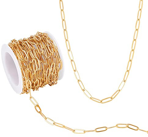 AHANDMAKER 16.4 Ft 18K Gold vergoldet Büroklammer Kette, Edelstahl Kabel Link Ketten Oval Schmuck Machen große Link-Ketten für Frauen DIY Halskette Armband Zubehör